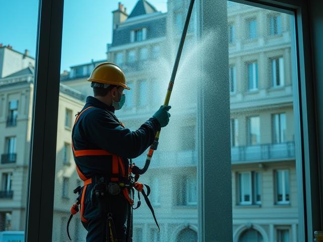 Professionnel en train de laver des vitres avec équipement de sécurité
