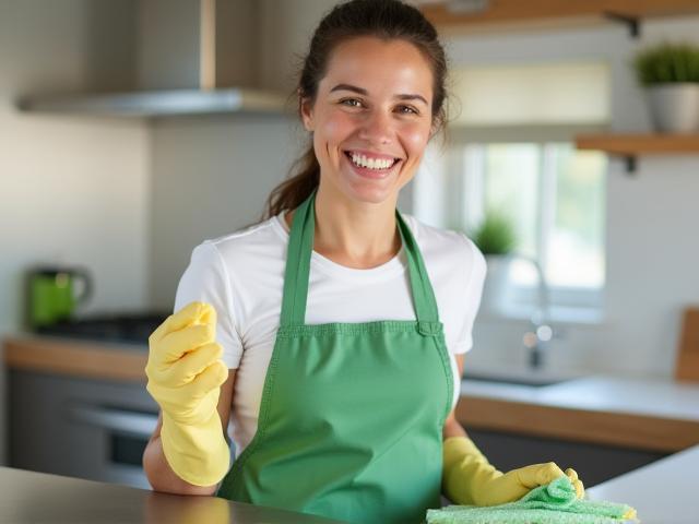 Femme souriante nettoyant une cuisine moderne